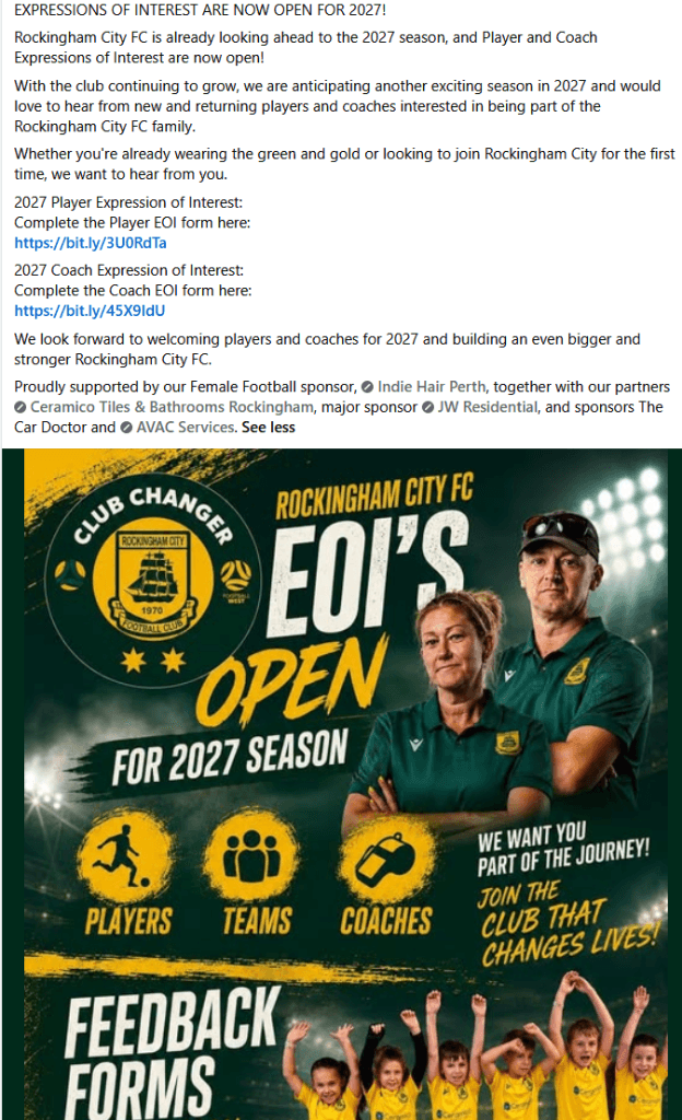 Flyer for 2027 player and coach EOI, supplied by Rockingham City FC