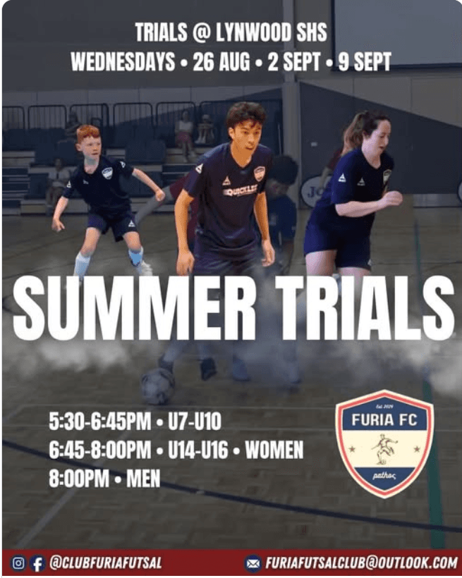 Flyer for Summer futsal trials, supplied by Furia FC