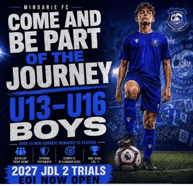 Flyer for 2027 JDL 2 trials, U13–U16 boys, supplied by Mindarie FC