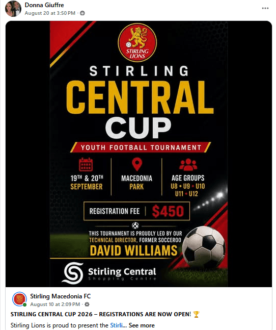 Flyer for Stirling Central Cup, supplied by Stirling Macedonia FC