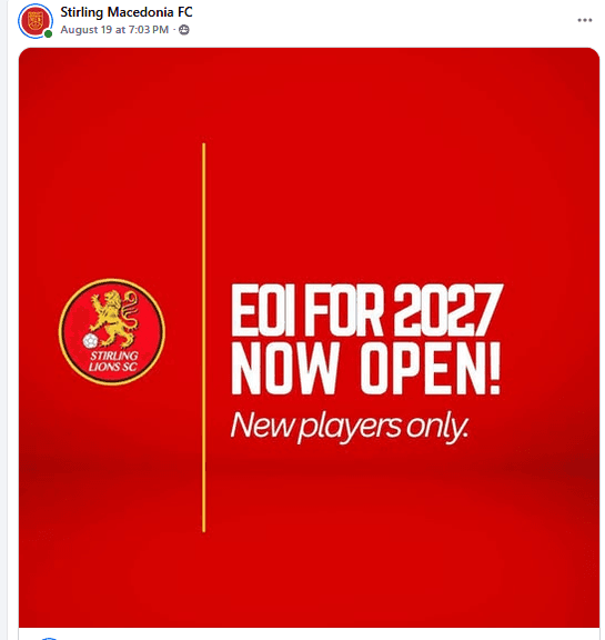 Flyer for 2027 EOI, new players, supplied by Stirling Macedonia FC