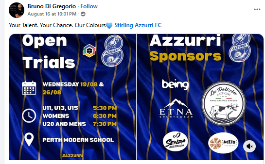 Flyer for Open trials, supplied by Stirling Azzurri FC