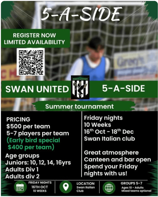 Flyer for 5-a-side summer tournament, supplied by Swan United FC