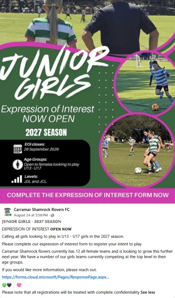Flyer for Junior girls 2027 EOI, supplied by Carramar Shamrock Rovers FC