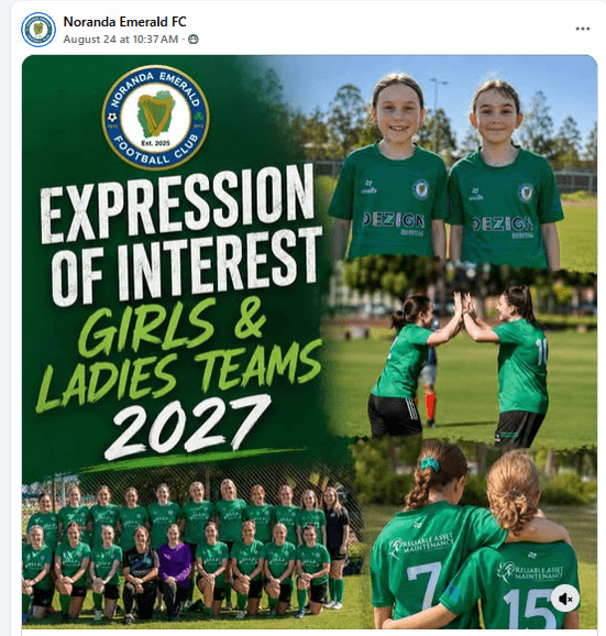 Flyer for Girls and ladies teams 2027 EOI, supplied by Noranda Emerald FC