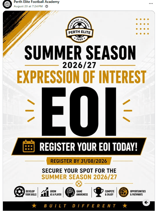 Flyer for Summer season 2026/27 EOI, supplied by Perth Elite Football Academy
