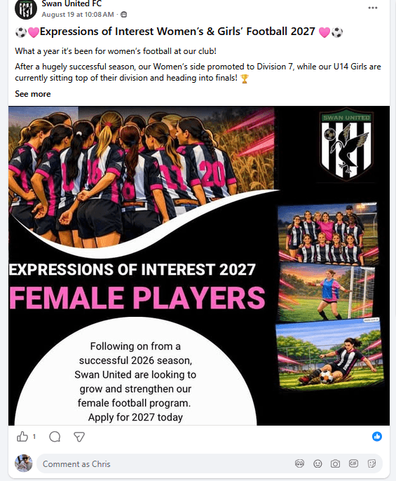 Flyer for Female players 2027 EOI, supplied by Swan United FC