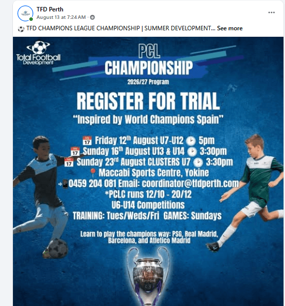 Flyer for PCL Championship trials, 2026/27, supplied by TFD Perth