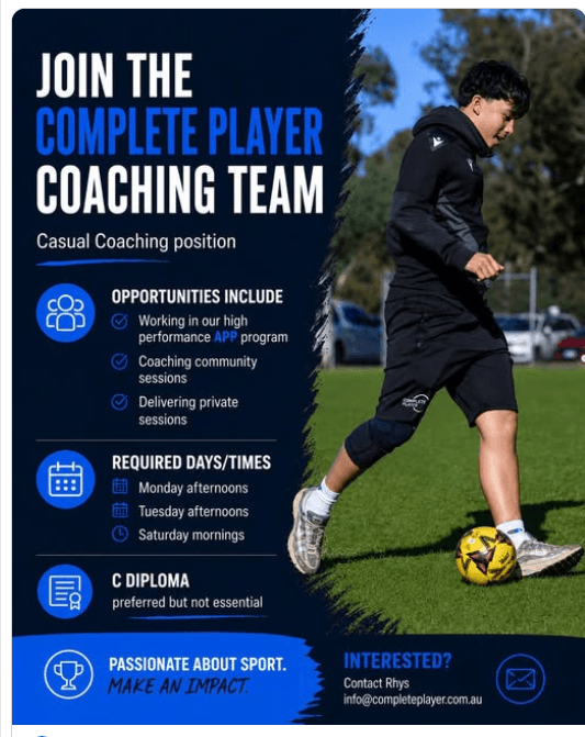 Flyer for Casual coaching position, supplied by Complete Player