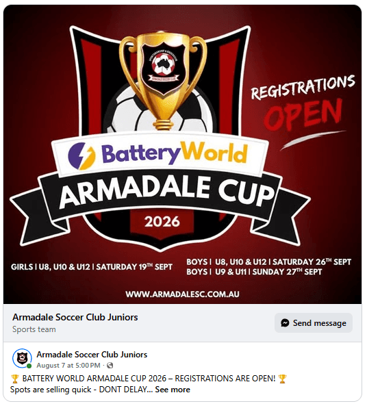 Flyer for Battery World Armadale Cup, supplied by Armadale Soccer Club