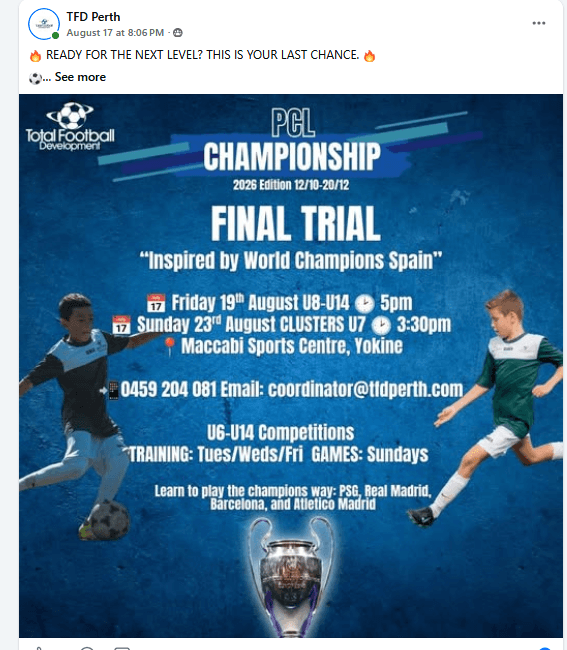 Flyer for PCL Championship final trial, supplied by TFD Perth