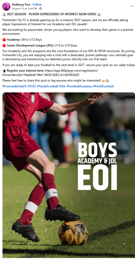 Flyer for Boys academy and JDL EOI, supplied by Fremantle City FC