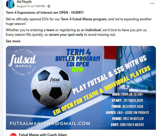 Flyer for Term 4 Butler program, supplied by Futsal Mania