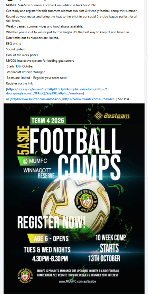 Flyer for Term 4 5-a-side comps, supplied by Murdoch University Melville FC